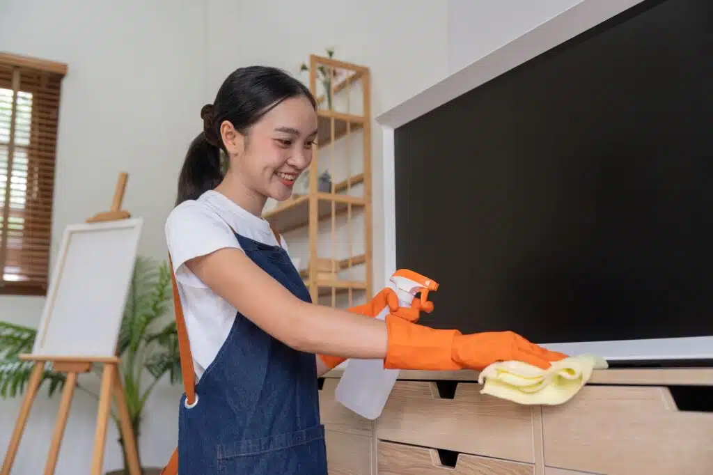 Asian young housekeeping or maid cleaning at home, Cleaning home concept